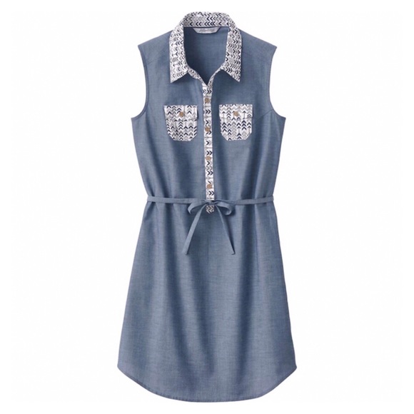 Dresses & Skirts - Tie Waist Chevron Trim Chambray Dress with Pockets